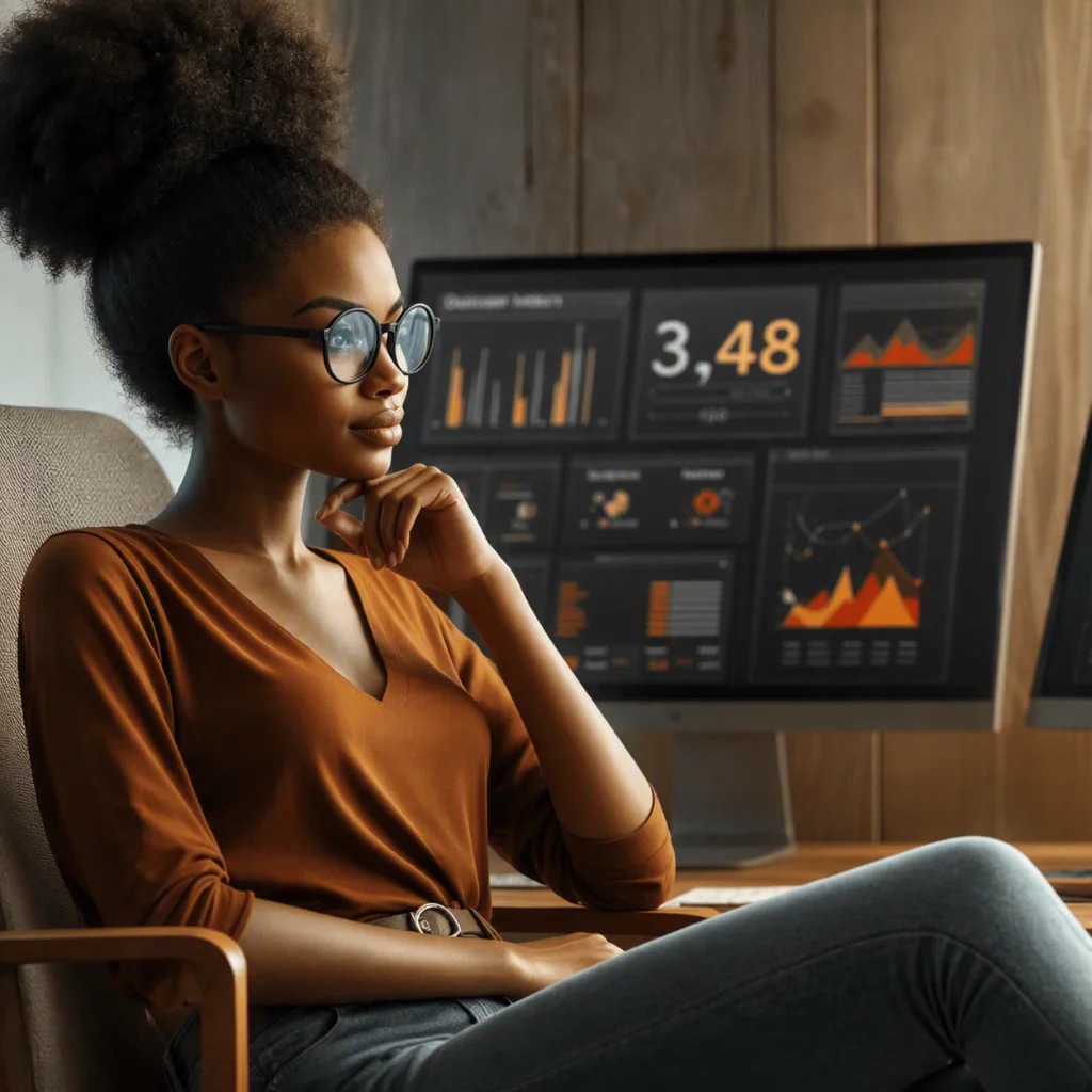 upervisora de Contact Center analiza métricas de rendimiento y analítica del habla en una pantalla con gráficos de inteligencia artificial de Brumby.ai.