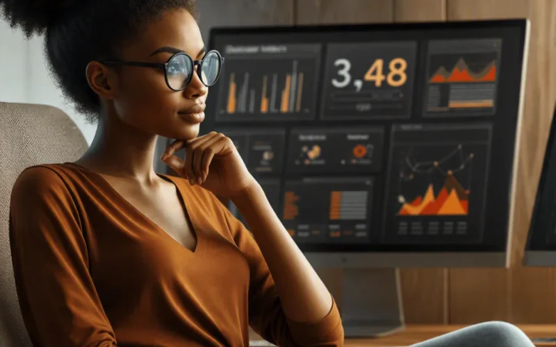upervisora de Contact Center analiza métricas de rendimiento y analítica del habla en una pantalla con gráficos de inteligencia artificial de Brumby.ai.